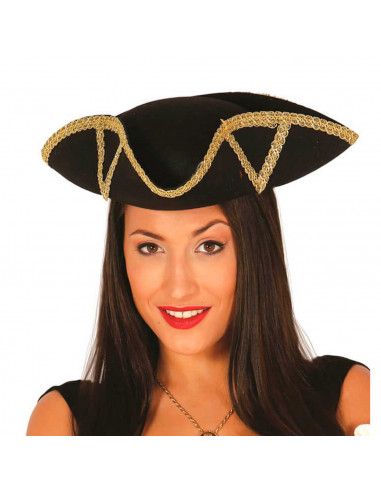 Clásico sombrero de almirante de fieltro color negro con relieve dorado para jóvenes y adultos. Complemento para carnaval, hallo
