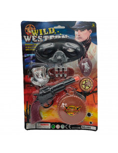 Magnífico set de vaquero del western con revolver, balas, 3 placas, cantimplora y antifaz, pistola de 8 x 19 x 2 cm