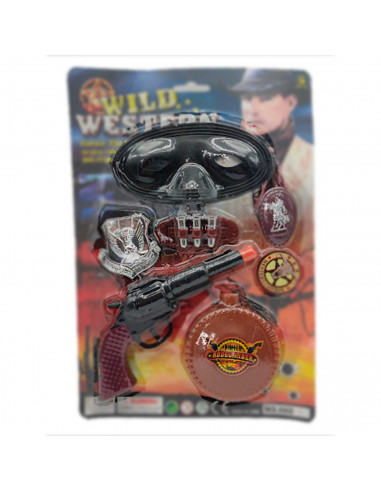 Magnífico set de vaquero del western con revolver, balas, 3 placas, cantimplora y antifaz, pistola de 8 x 19 x 2 cm