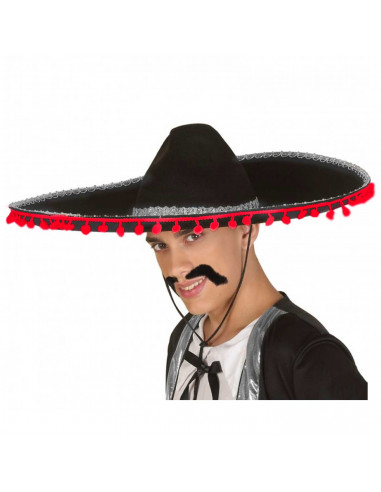 Clásica sombrero mexicano de fieltro color negro, relieve de plata y bolas rojas para jóvenes y adultos para carnaval, halloween