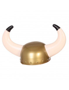 Casco de vikingo color bronce, ideal para complementar disfraces en carnaval, halloween y celebraciones. Tamaño: 22 x 38 x 22 cm