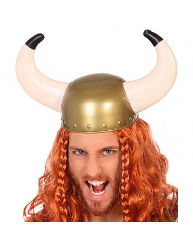 Casco de vikingo color bronce, ideal para complementar disfraces en carnaval, halloween y celebraciones. Tamaño: 22 x 38 x 22 cm