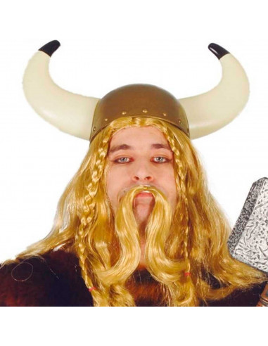 Casco de vikingo color bronce, ideal para complementar disfraces en carnaval, halloween y celebraciones. Tamaño: 22 x 38 x 22 cm