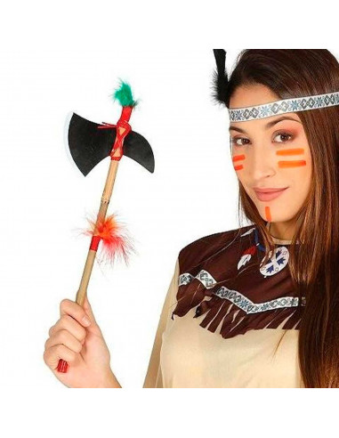 Hacha de indio de madera con plumas para jóvenes y adultos, complemento para carnaval, halloween y celebraciones. Tamaño: 38 x 1