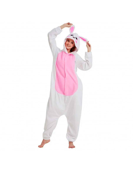 Disfraz de conejo color blanco con detalles en rosa para jóvenes y adultos para carnaval, halloween, celebraciones, talla L