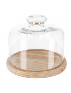 Quesera redonda con tapa de cristal y base de madera 20 x 10 cm. Recipiente para conservar frescos quesos o embutidos