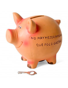Hucha de cerdito cerámica con frase 12 x 9 x 11 cm. Caja de ahorro de dinero infantil con llave, decoración original para niños