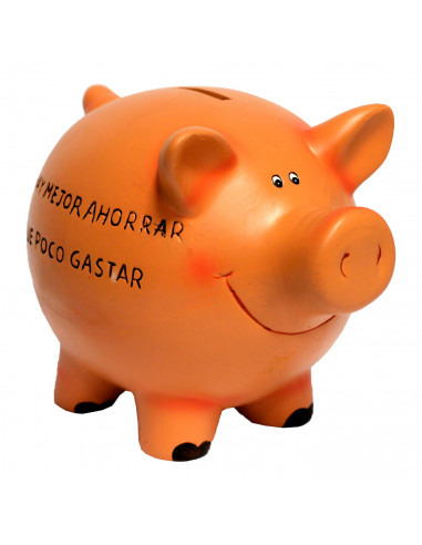 Hucha de cerdito cerámica con frase 12 x 9 x 11 cm. Caja de ahorro de dinero infantil con llave, decoración original para niños