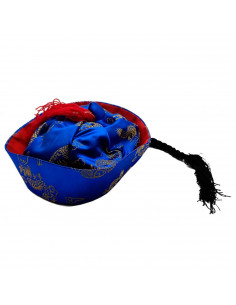 Gorro chino de tela de color azul con detalles dorado para niños para carnavales, halloween, fiestas y celebraciones. Tamaño: 6