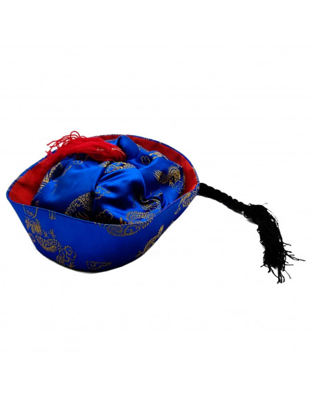 Gorro chino de tela de color azul con detalles dorado para niños para carnavales, halloween, fiestas y celebraciones. Tamaño: 6 Gorro chino de tela de color azul con detalles dorado para niños para carnavales, halloween, fiestas y celebraciones. Tamaño: 6