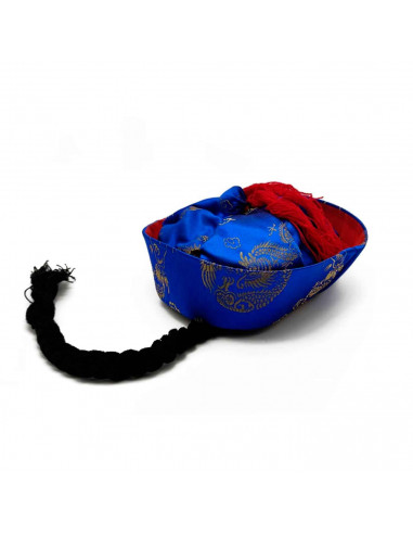 Gorro chino de tela de color azul con detalles dorado para niños para carnavales, halloween, fiestas y celebraciones. Tamaño: 6