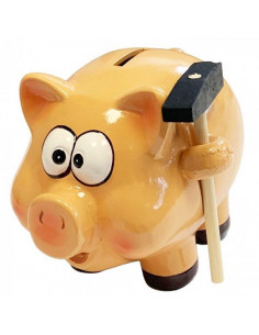 Hucha cerdito de cerámica con martillo 12 x 14,5 x 12,5 cm. Caja de ahorro de dinero infantil, decoración original para niños y