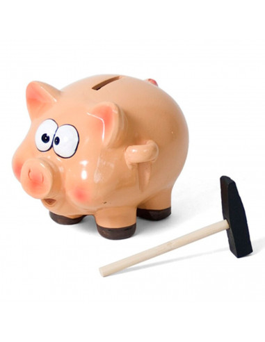 Hucha cerdito de cerámica con martillo 12 x 14,5 x 12,5 cm. Caja de ahorro de dinero infantil, decoración original para niños y