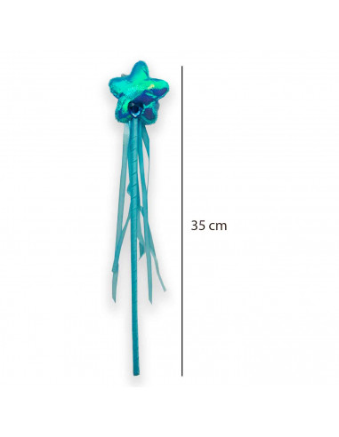 Varita de hada color azul con una estrella en la punta para los niños para disfrazarse en carnaval, Halloween, fiestas y celebra