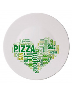 Tradineur - Plato bajo para pizza 33 cm, vidrio opal templado extra resistente, bandeja servir pizzas blanca con palabras en Ita