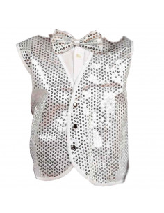 Chaleco blanco con lentejuelas plateadas para niños para carnaval, halloween y celebraciones. Talla infantil. No incluye pajarit