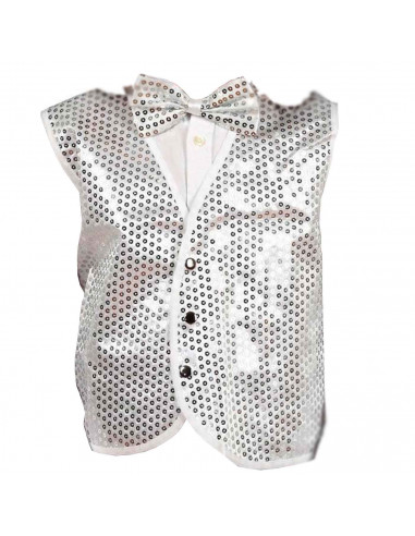 Chaleco blanco con lentejuelas plateadas para niños para carnaval, halloween y celebraciones. Talla infantil. No incluye pajarit