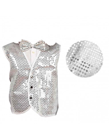 Chaleco blanco con lentejuelas plateadas para niños para carnaval, halloween y celebraciones. Talla infantil. No incluye pajarit
