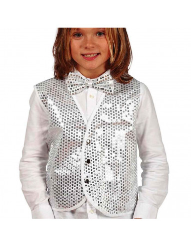 Chaleco blanco con lentejuelas plateadas para niños para carnaval, halloween y celebraciones. Talla infantil. No incluye pajarit