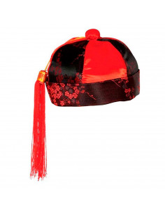 Tradineur - Gorro chino de color negro y rojo de tela con diseños orientales para jovenes y adultos para carnaval, halloween y o