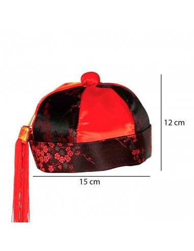 Tradineur - Gorro chino de color negro y rojo de tela con diseños orientales para jovenes y adultos para carnaval, halloween y o