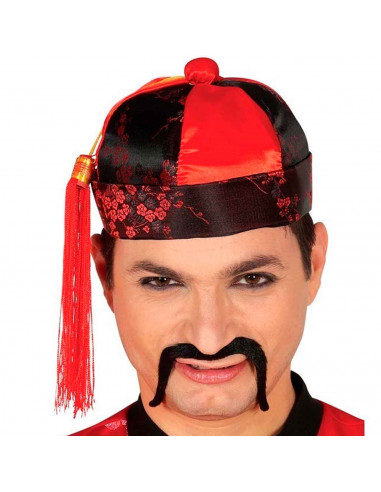 Tradineur - Gorro chino de color negro y rojo de tela con diseños orientales para jovenes y adultos para carnaval, halloween y o