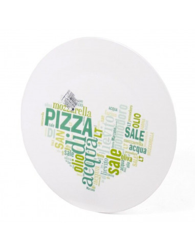 Tradineur - Plato bajo para pizza 33 cm, vidrio opal templado extra resistente, bandeja servir pizzas blanca con palabras en Ita