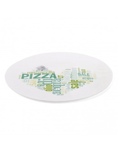 Tradineur - Plato bajo para pizza 33 cm, vidrio opal templado extra resistente, bandeja servir pizzas blanca con palabras en Ita