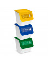 Pack de 3 contenedores apilables de plástico con ruedas, cajas almacenaje basura, reciclaje (Papel, plástico y vidrio, 36 litros