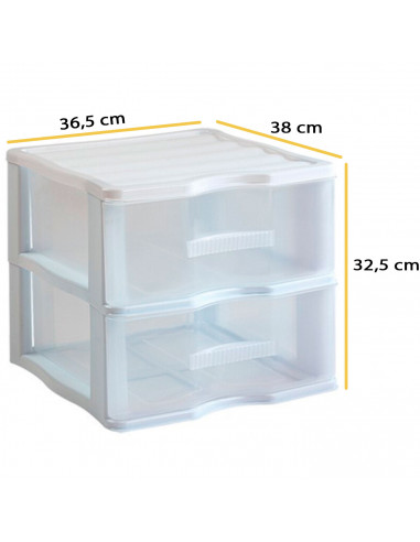 Cajonera de plástico Wagon, 2 cajones transparentes, torre almacenaje, organizador auxiliar, armario, baño, oficina (Blanco, 32,