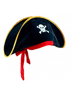 Sombrero pirata de terciopelo color negro para niños para carnaval, halloween, fiestas y celebraciones. 17 x 46 x 12 cm