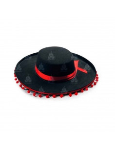 Sombrero cordobés negro con bolas rojas para jóvenes y adultos para carnaval, halloween, fiestas y celebraciones. 9 x 35 x 37,5