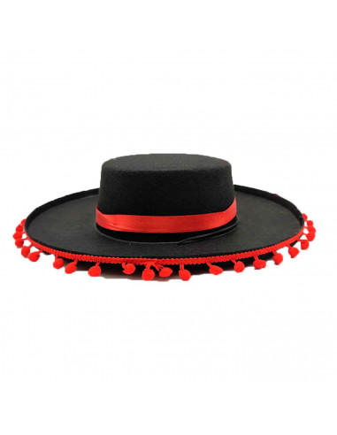 Sombrero cordobés negro con bolas rojas para jóvenes y adultos para carnaval, halloween, fiestas y celebraciones. 9 x 35 x 37,5