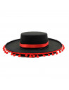 Sombrero cordobés negro con bolas rojas para jóvenes y adultos para carnaval, halloween, fiestas y celebraciones. 9 x 35 x 37,5