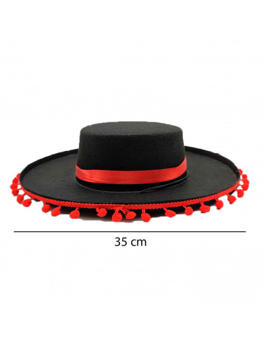 Sombrero cordobés negro con bolas rojas para jóvenes y adultos para carnaval, halloween, fiestas y celebraciones. 9 x 35 x 37,5