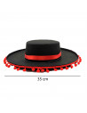 Sombrero cordobés negro con bolas rojas para jóvenes y adultos para carnaval, halloween, fiestas y celebraciones. 9 x 35 x 37,5