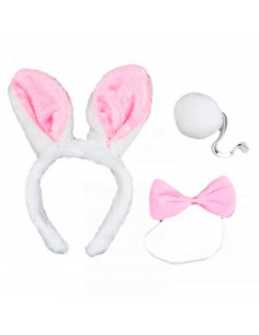 Set 3 piezas de disfraz de conejo de color blanco y rosa, complemento para carnaval, halloween y celebraciones. Tamaño orejas: 2
