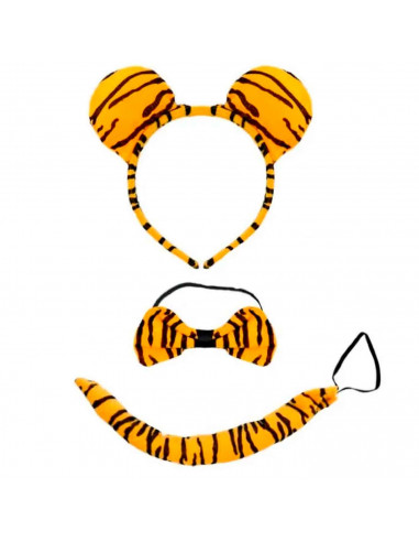 Set 3 piezas de disfraz de tigre de color naranja y negro, complemento para carnaval, halloween y celebraciones. Tamaño orejas:
