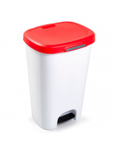 Tradineur - Cubo de basura de plástico con pedal, contenedor de residuos, papelera con tapa, fabricado en España (Blanco y rojo,