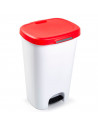 Tradineur - Cubo de basura de plástico con pedal, contenedor de residuos, papelera con tapa, fabricado en España (Blanco y rojo,