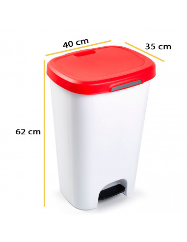 Tradineur - Cubo de basura de plástico con pedal, contenedor de residuos, papelera con tapa, fabricado en España (Blanco y rojo,