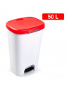 Tradineur - Cubo de basura de plástico con pedal, contenedor de residuos, papelera con tapa, fabricado en España (Blanco y rojo,
