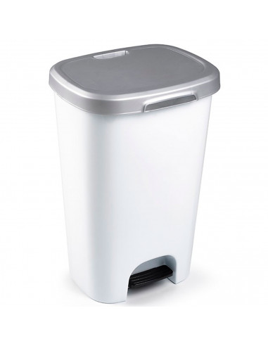 Tradineur - Cubo basura de plástico con pedal, contenedor de residuos, papelera con tapa, fabricado en España (Gris plata y blan