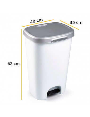 Tradineur - Cubo basura de plástico con pedal, contenedor de residuos, papelera con tapa, fabricado en España (Gris plata y blan