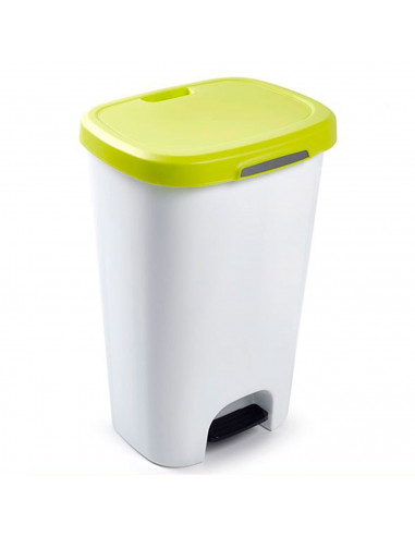 Tradineur - Cubo basura, plástico, con pedal, contenedor de residuos, papelera con tapa, fabricado en España (Blanco y verde pis