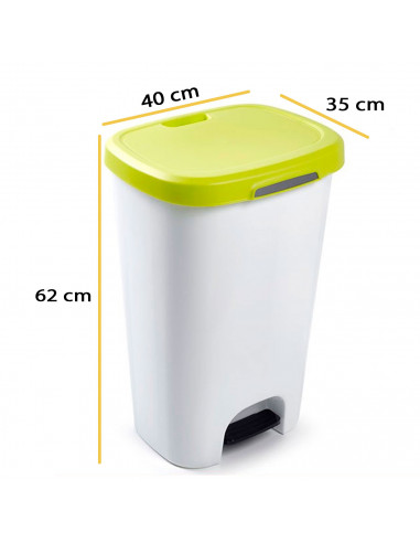 Tradineur - Cubo basura, plástico, con pedal, contenedor de residuos, papelera con tapa, fabricado en España (Blanco y verde pis