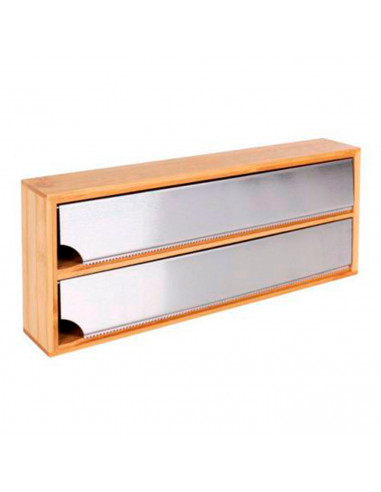 Tradineur - Dispensador de papel de aluminio para cajón, bambú, 33 x 13 x 5,5 cm. Expendedor doble de film transparente, acero i