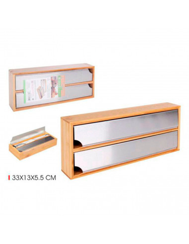 Tradineur - Dispensador de papel de aluminio para cajón, bambú, 33 x 13 x 5,5 cm. Expendedor doble de film transparente, acero i
