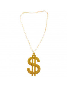Tradineur - Collar dorado con símbolo de dólar para jóvenes y adultos, complemento para disfraz de carnaval, Halloween y celebra
