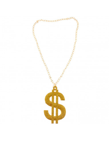 Tradineur - Collar dorado con símbolo de dólar para jóvenes y adultos, complemento para disfraz de carnaval, Halloween y celebra